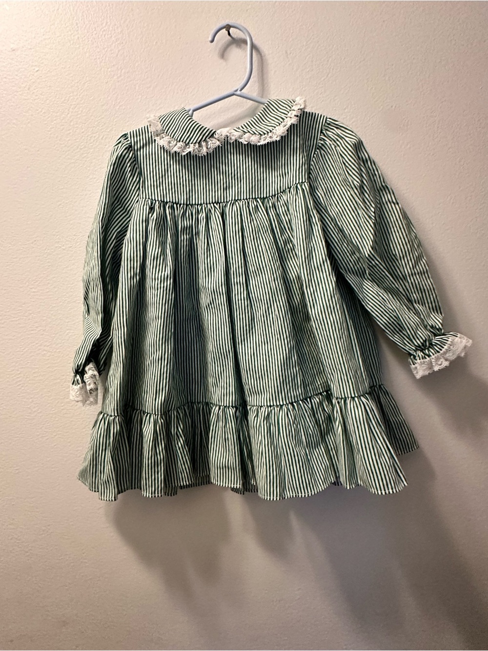 Vintage Bryan Green Striped Lace-Trim Girls' Dress T3